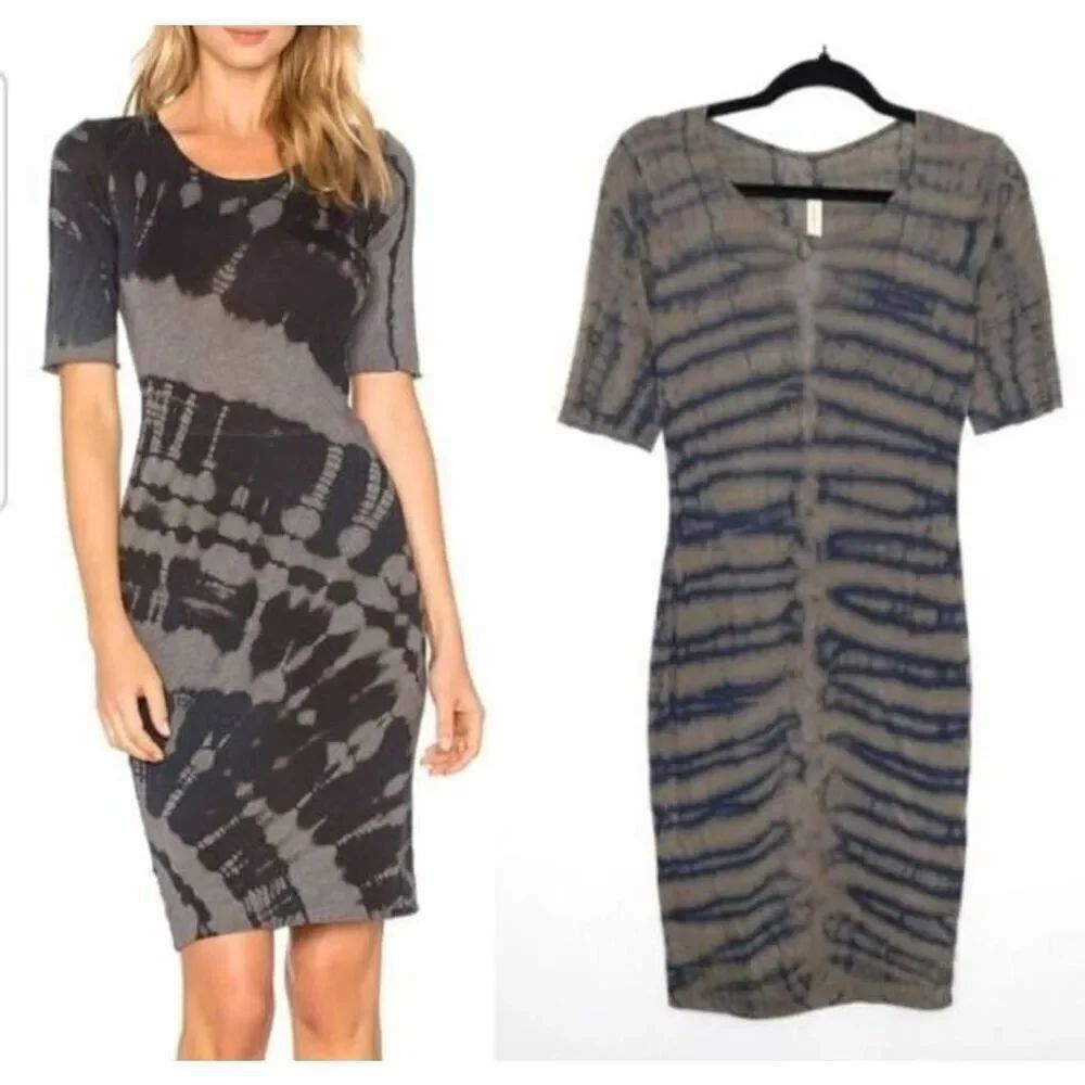 Raquel Allegra Signature Fitted Dress Brown Blue Tie Dye Bodycon SZ 2 (US L)